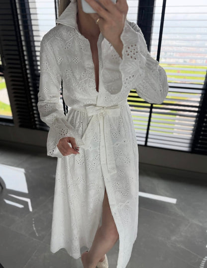 Belted Openwork embroidery dress with ruffle sleeves
