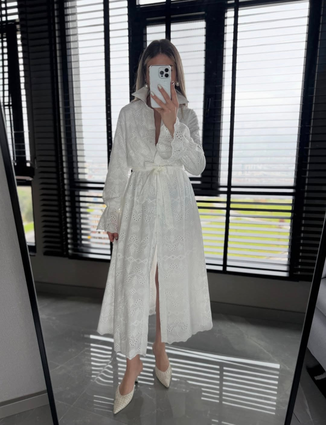 Belted Openwork embroidery dress with ruffle sleeves