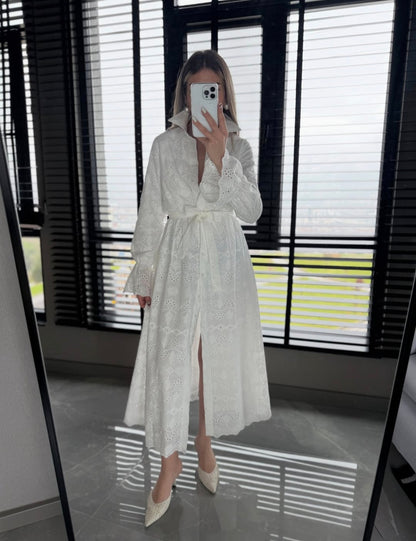 Belted Openwork embroidery dress with ruffle sleeves