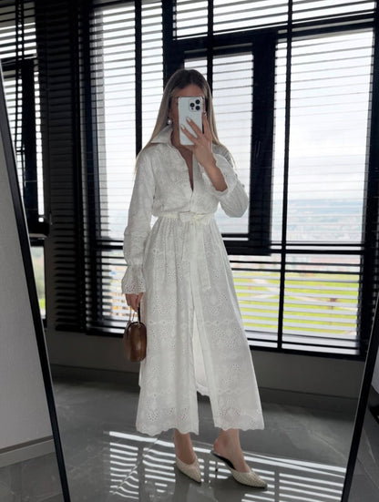 Belted Openwork embroidery dress with ruffle sleeves