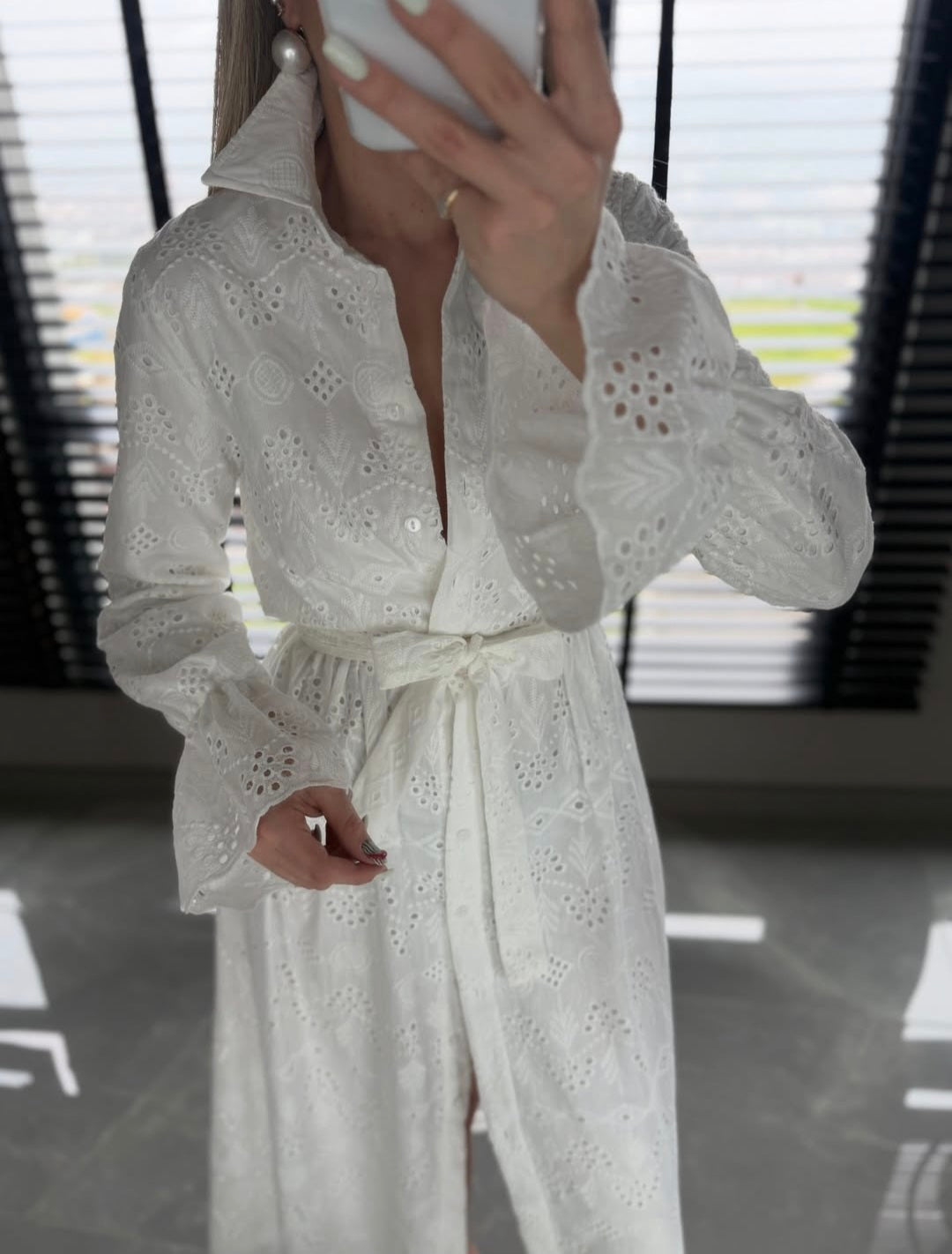 Belted Openwork embroidery dress with ruffle sleeves