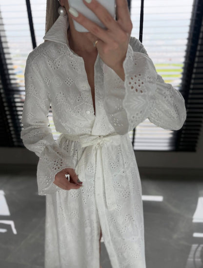 Belted Openwork embroidery dress with ruffle sleeves