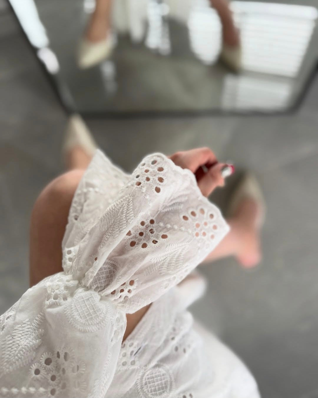 Belted Openwork embroidery dress with ruffle sleeves