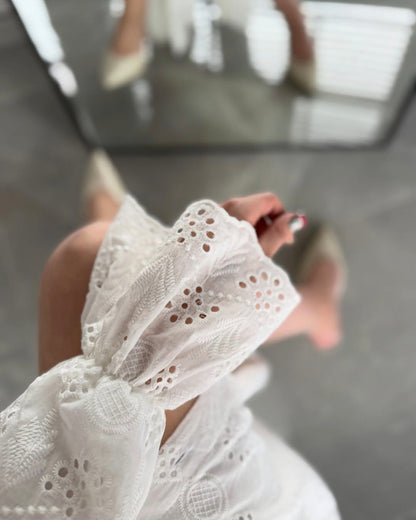 Belted Openwork embroidery dress with ruffle sleeves