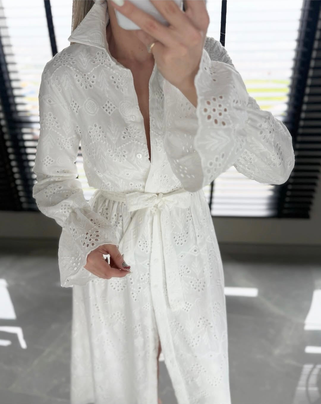 Belted Openwork embroidery dress with ruffle sleeves