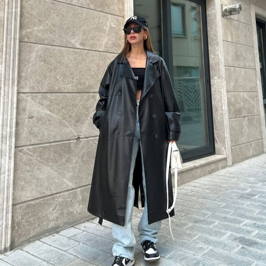 Double breasted belted leather coat