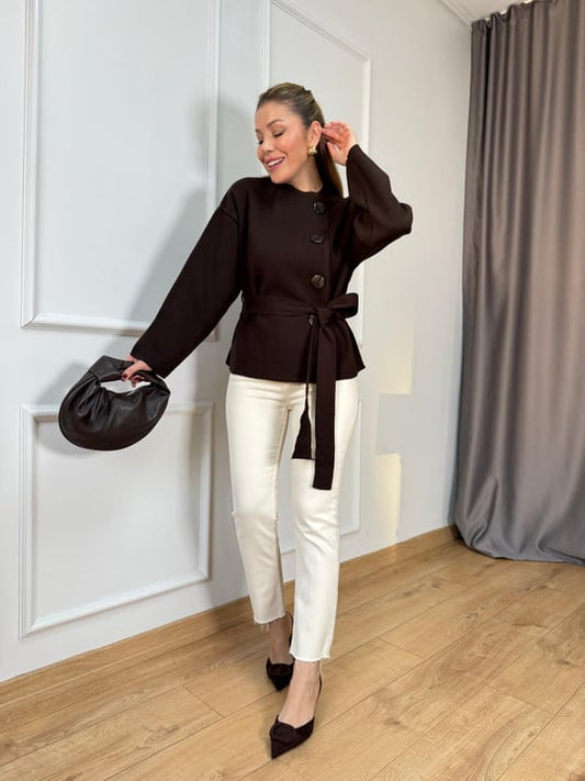 Zara model knitted belted jacket