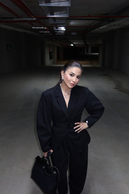Black Double-Breasted Jacket with Belt Detail