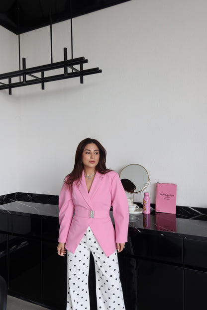 Pink Double-Breasted Jacket with Belt Detail