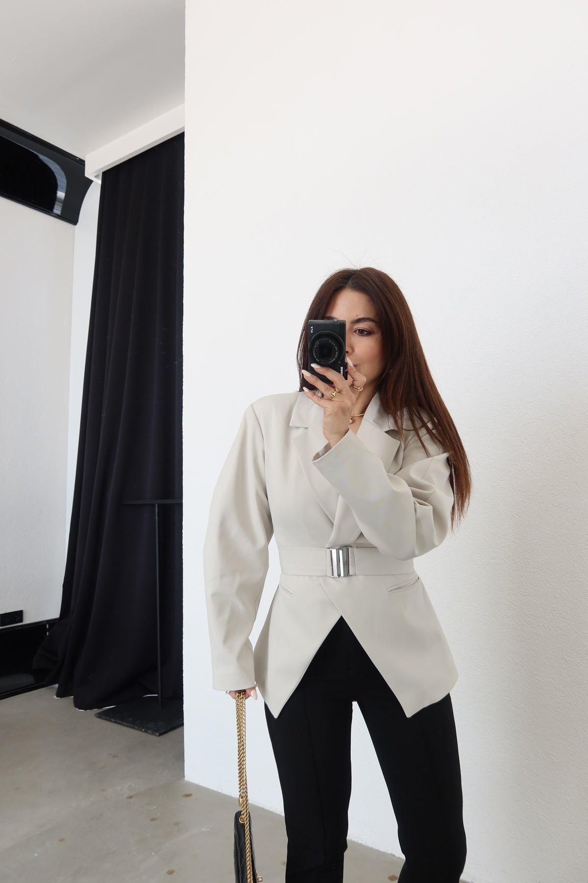Beige Double-Breasted Jacket with Belt Detail