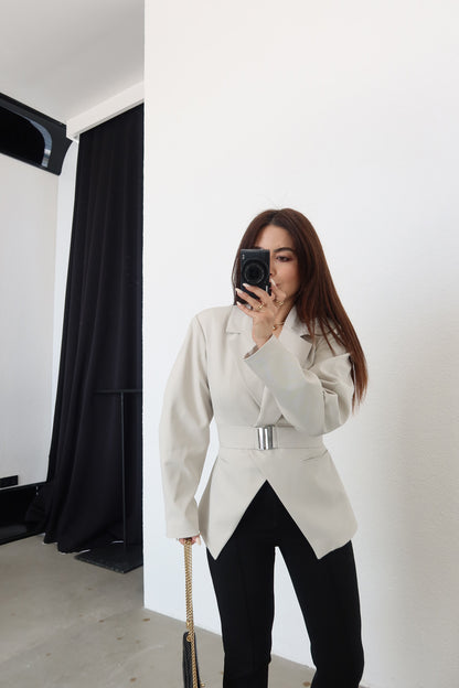 Beige Double-Breasted Jacket with Belt Detail