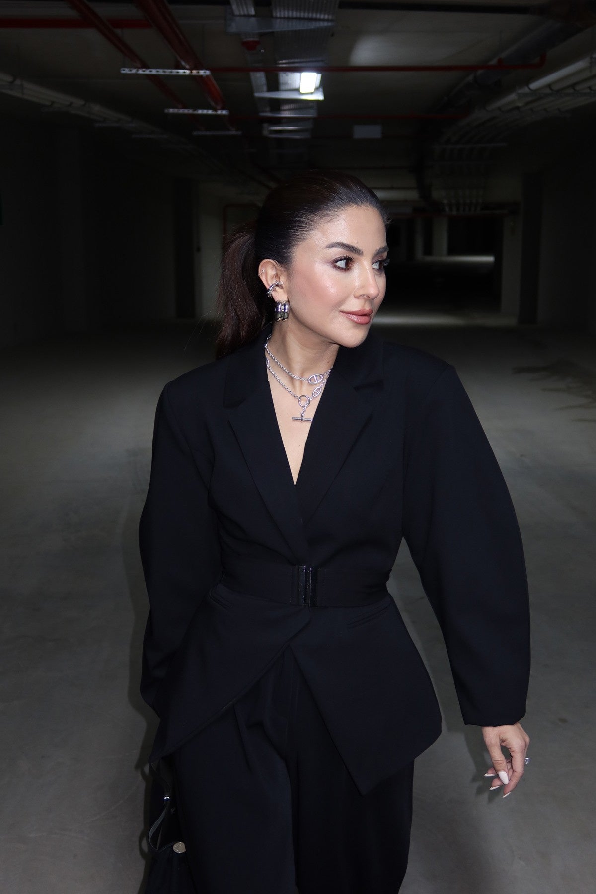 Black Double-Breasted Jacket with Belt Detail