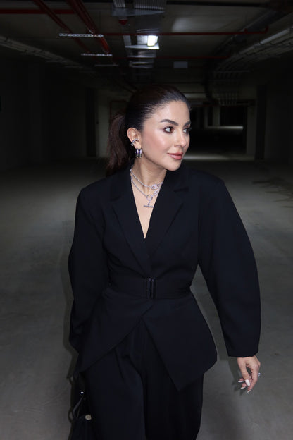 Black Double-Breasted Jacket with Belt Detail