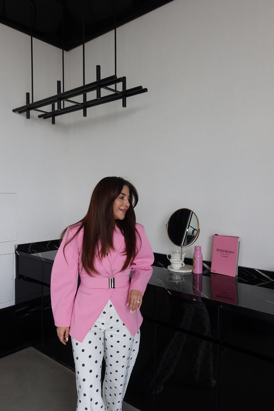 Pink Double-Breasted Jacket with Belt Detail