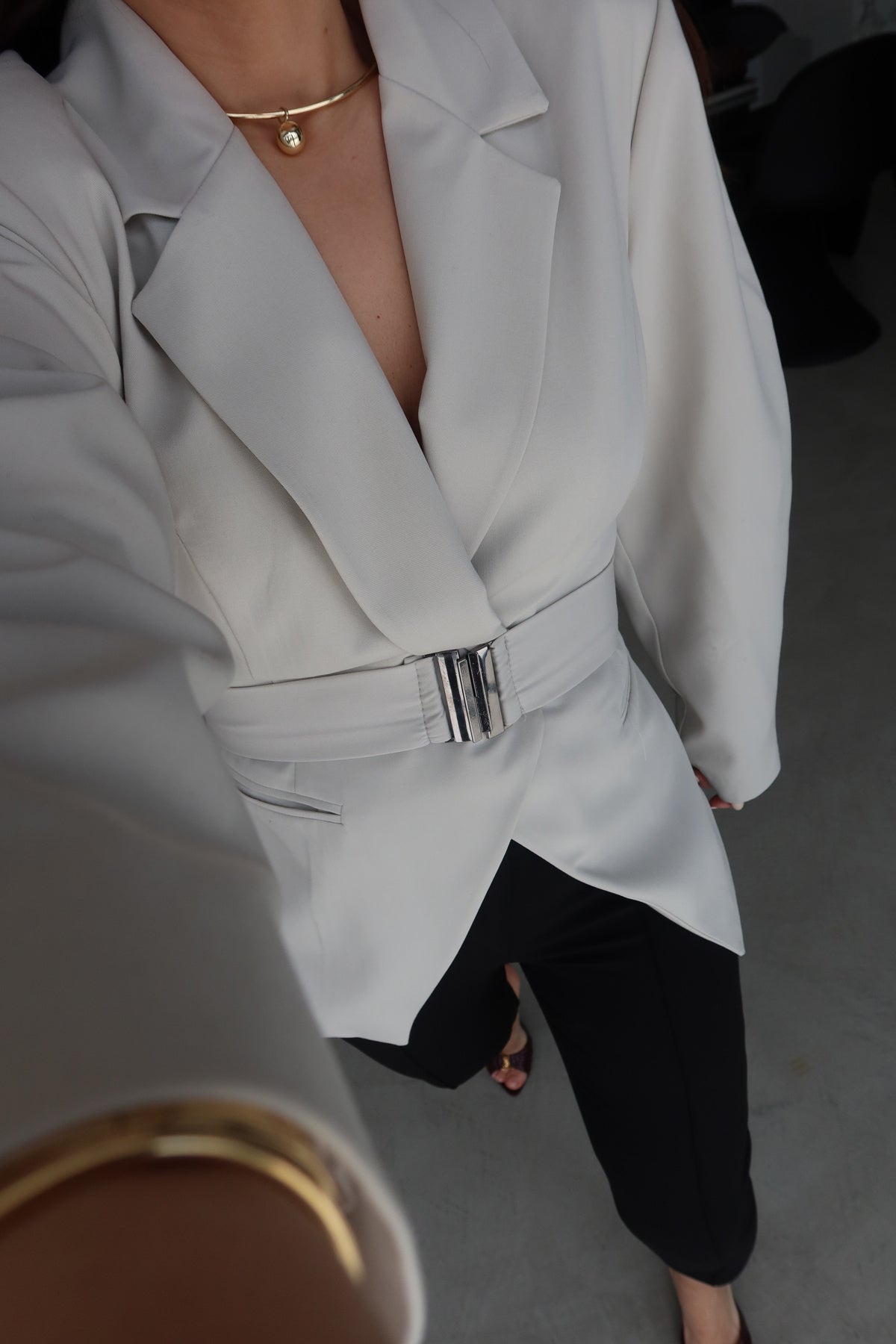 Beige Double-Breasted Jacket with Belt Detail