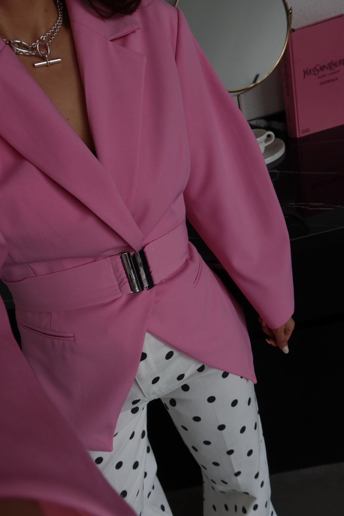 Pink Double-Breasted Jacket with Belt Detail
