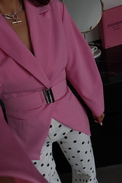 Pink Double-Breasted Jacket with Belt Detail