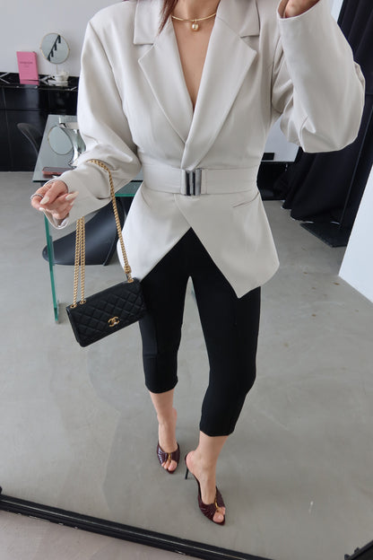 Beige Double-Breasted Jacket with Belt Detail