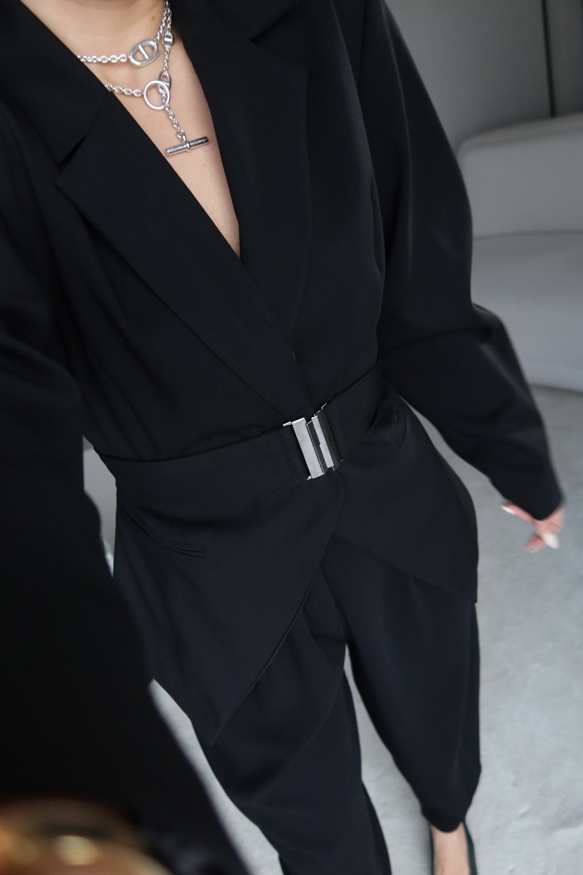 Black Double-Breasted Jacket with Belt Detail