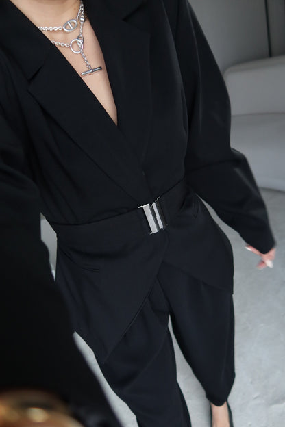 Black Double-Breasted Jacket with Belt Detail