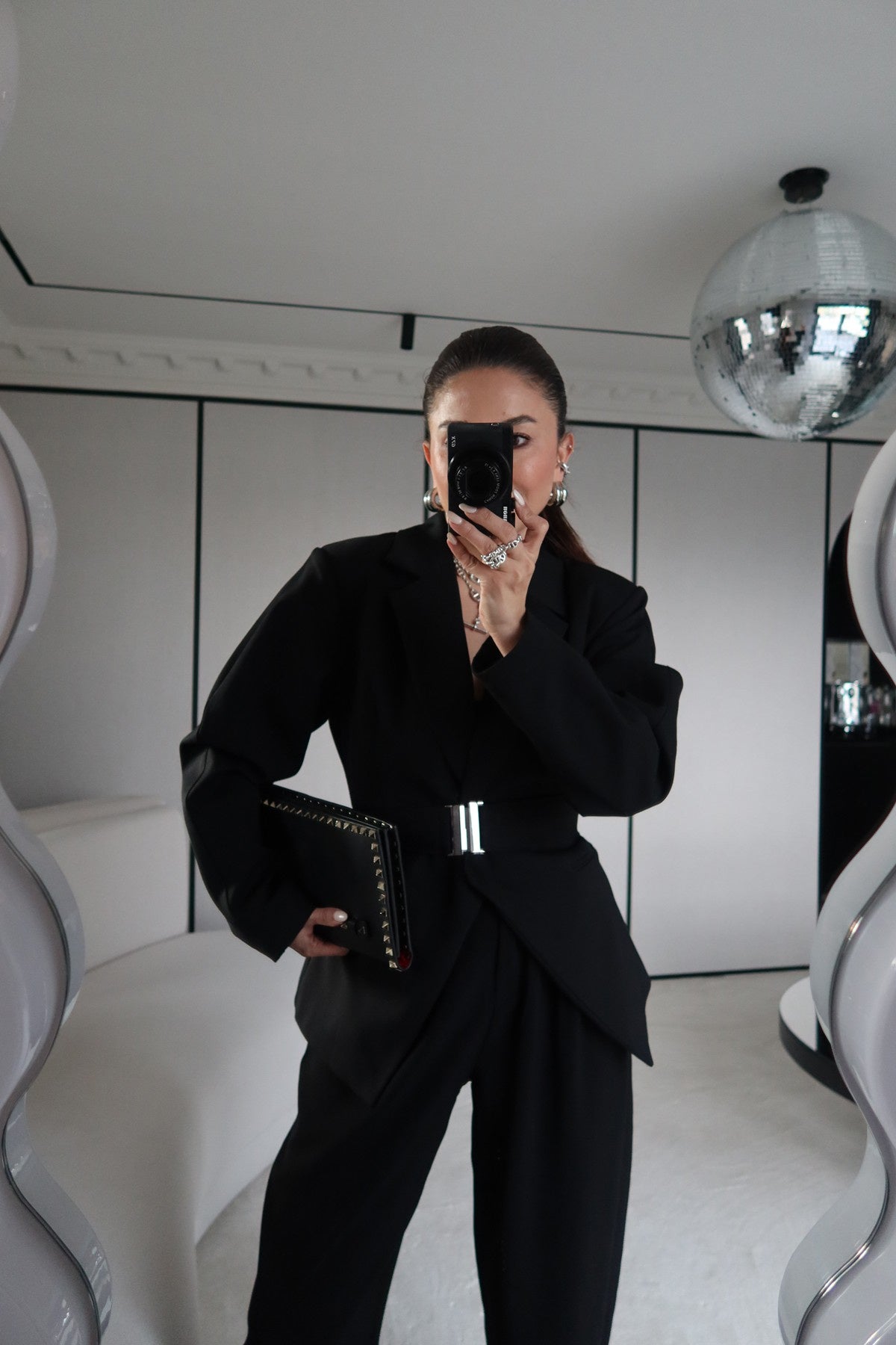 Black Double-Breasted Jacket with Belt Detail