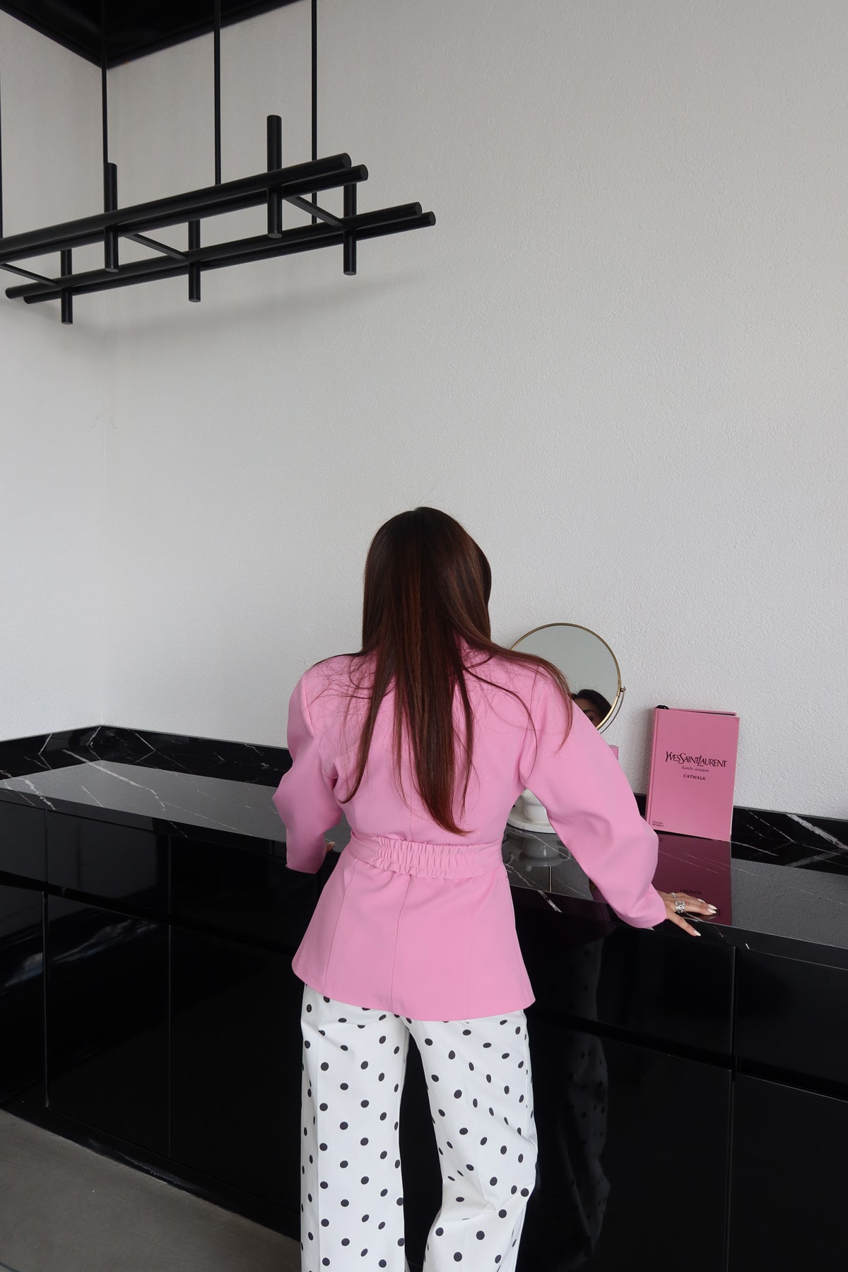 Pink Double-Breasted Jacket with Belt Detail