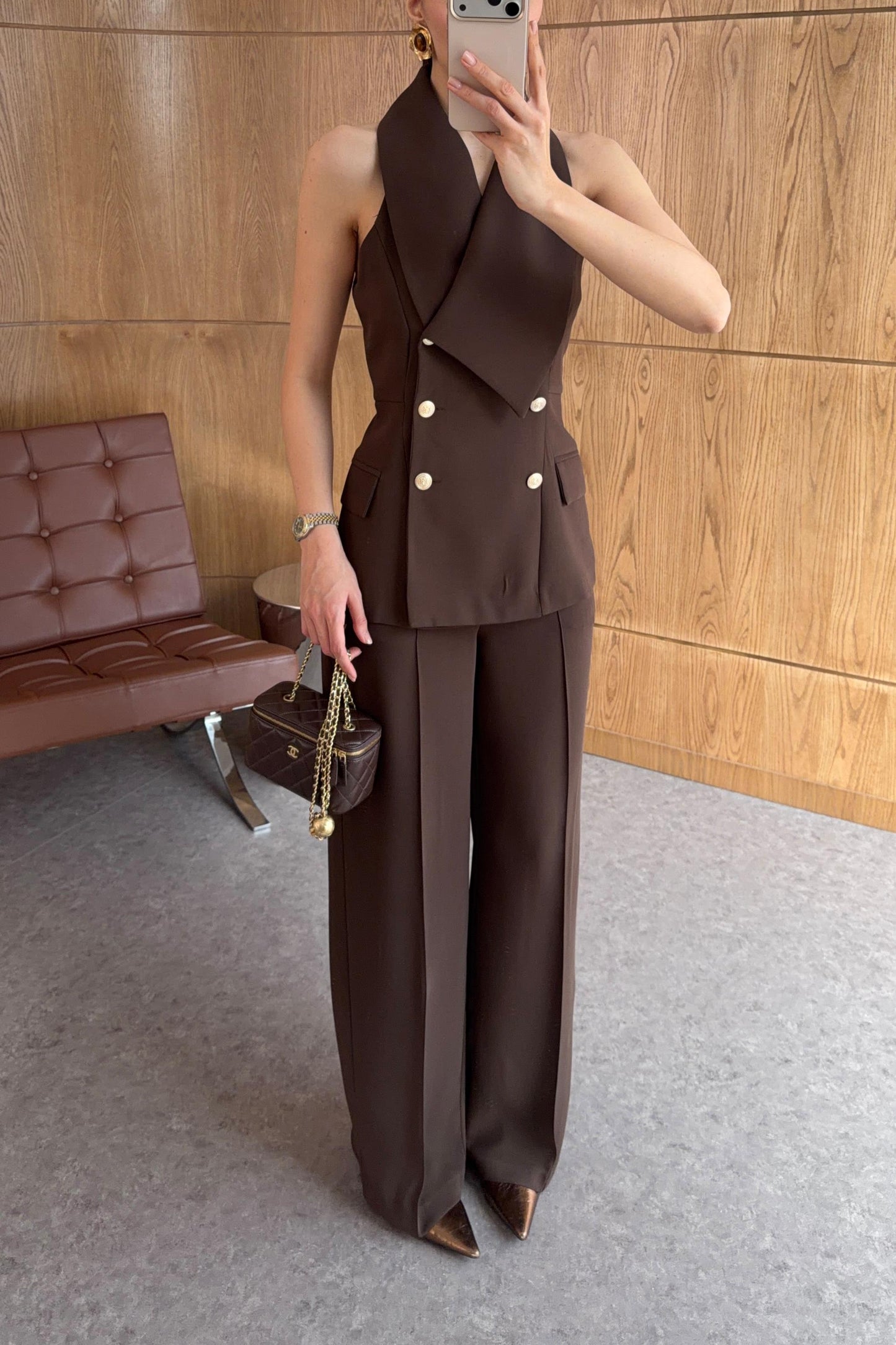 Plum Asymmetric Collar Gold Buttoned Vest and Trousers Set
