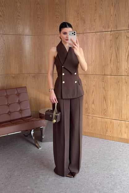 Plum Asymmetric Collar Gold Buttoned Vest and Trousers Set