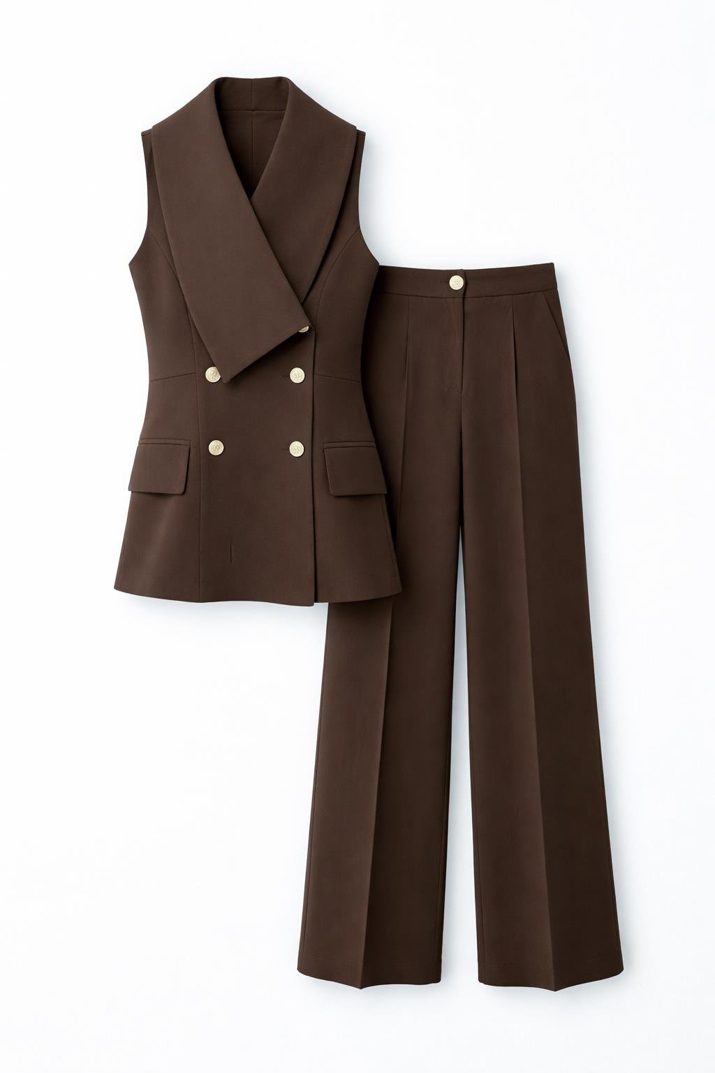 Plum Asymmetric Collar Gold Buttoned Vest and Trousers Set