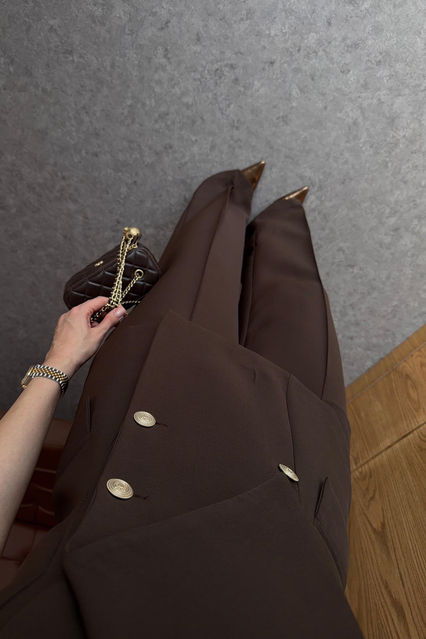 Plum Asymmetric Collar Gold Buttoned Vest and Trousers Set