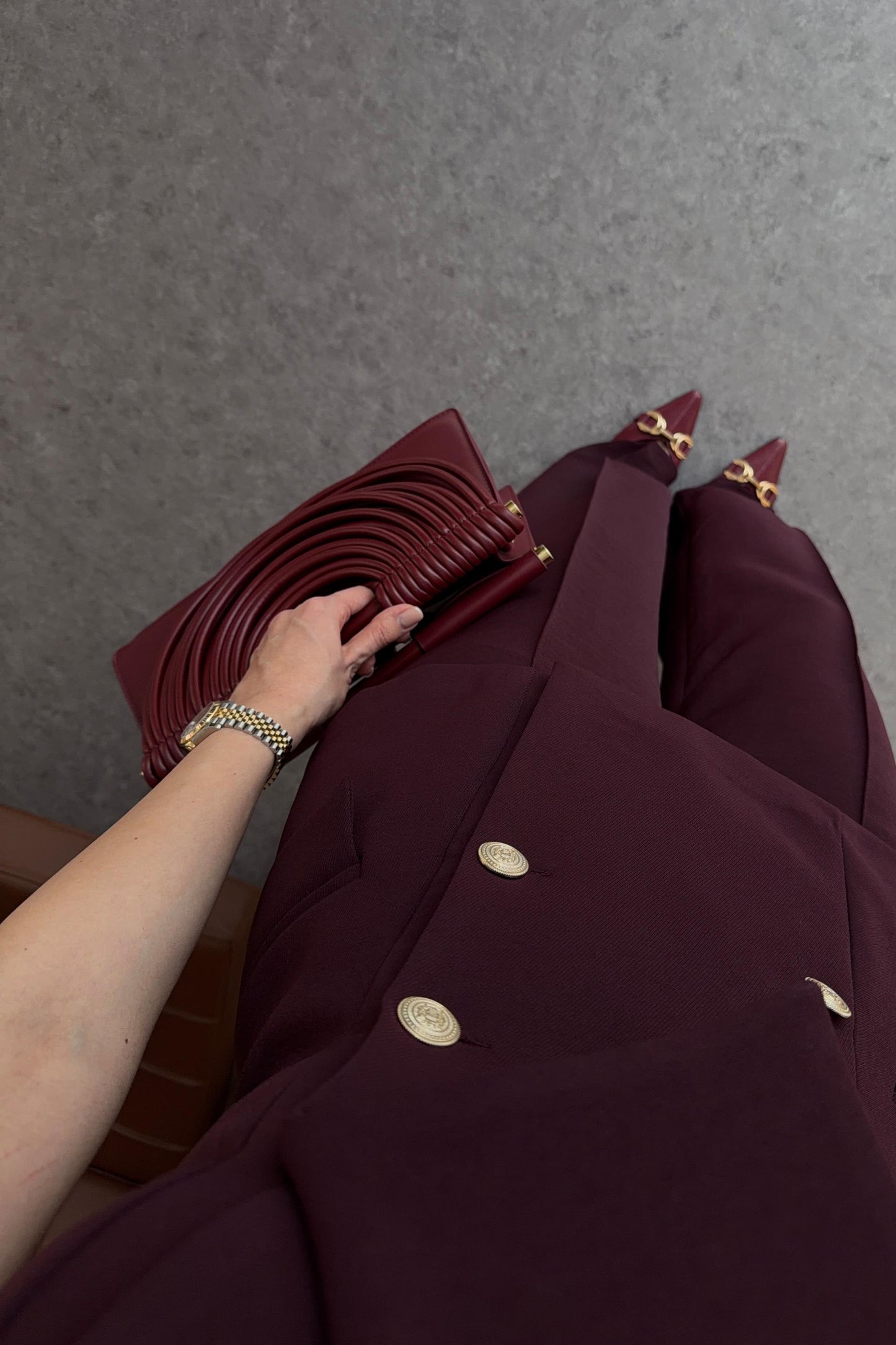 Plum Asymmetric Collar Gold Buttoned Vest and Trousers Set