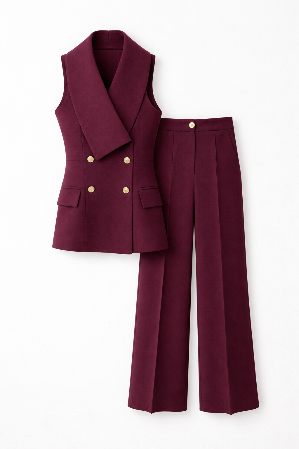 Plum Asymmetric Collar Gold Buttoned Vest and Trousers Set
