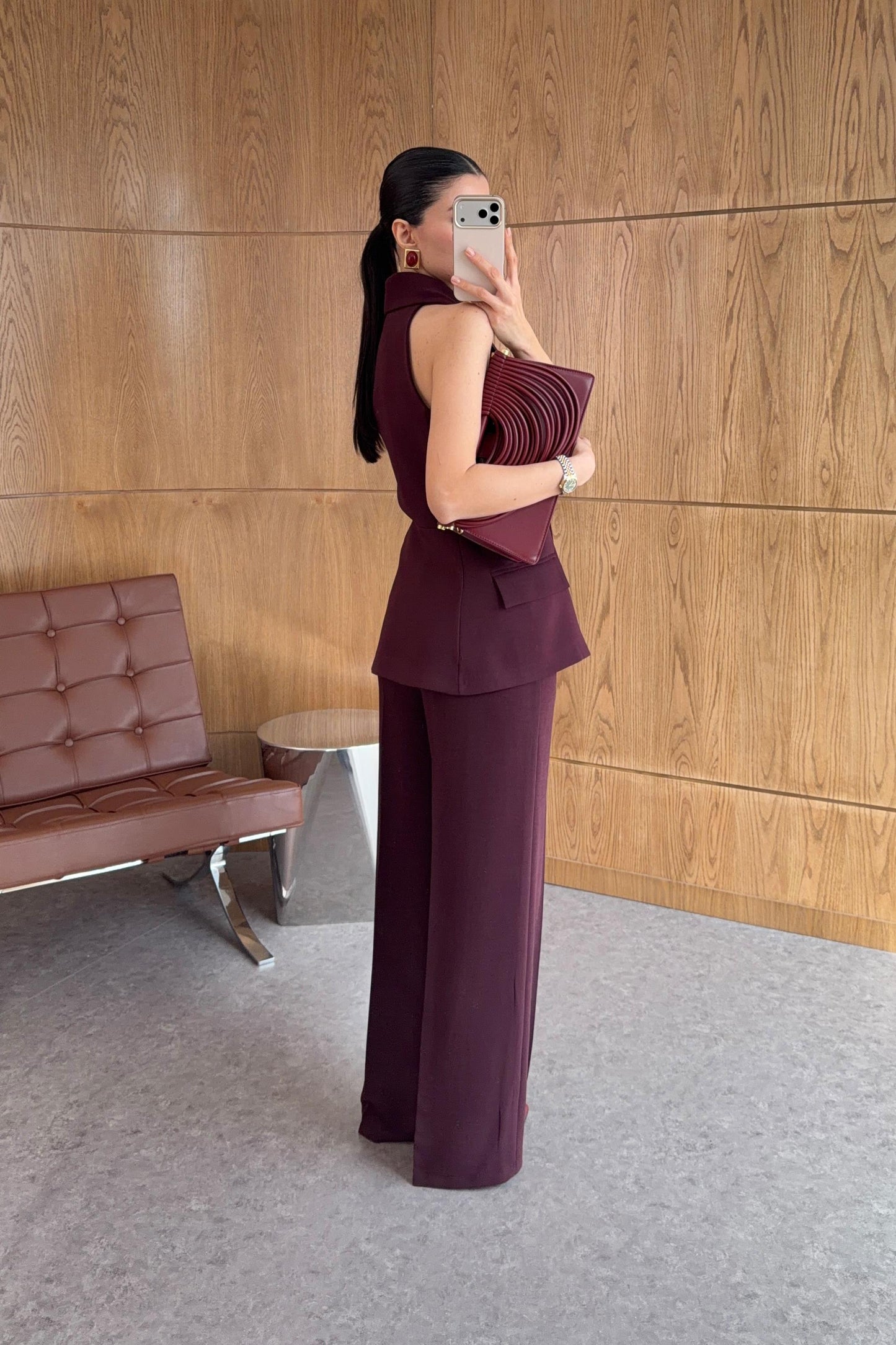 Plum Asymmetric Collar Gold Buttoned Vest and Trousers Set
