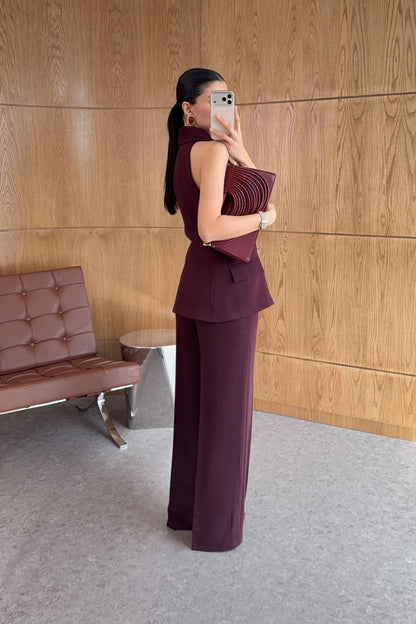 Plum Asymmetric Collar Gold Buttoned Vest and Trousers Set