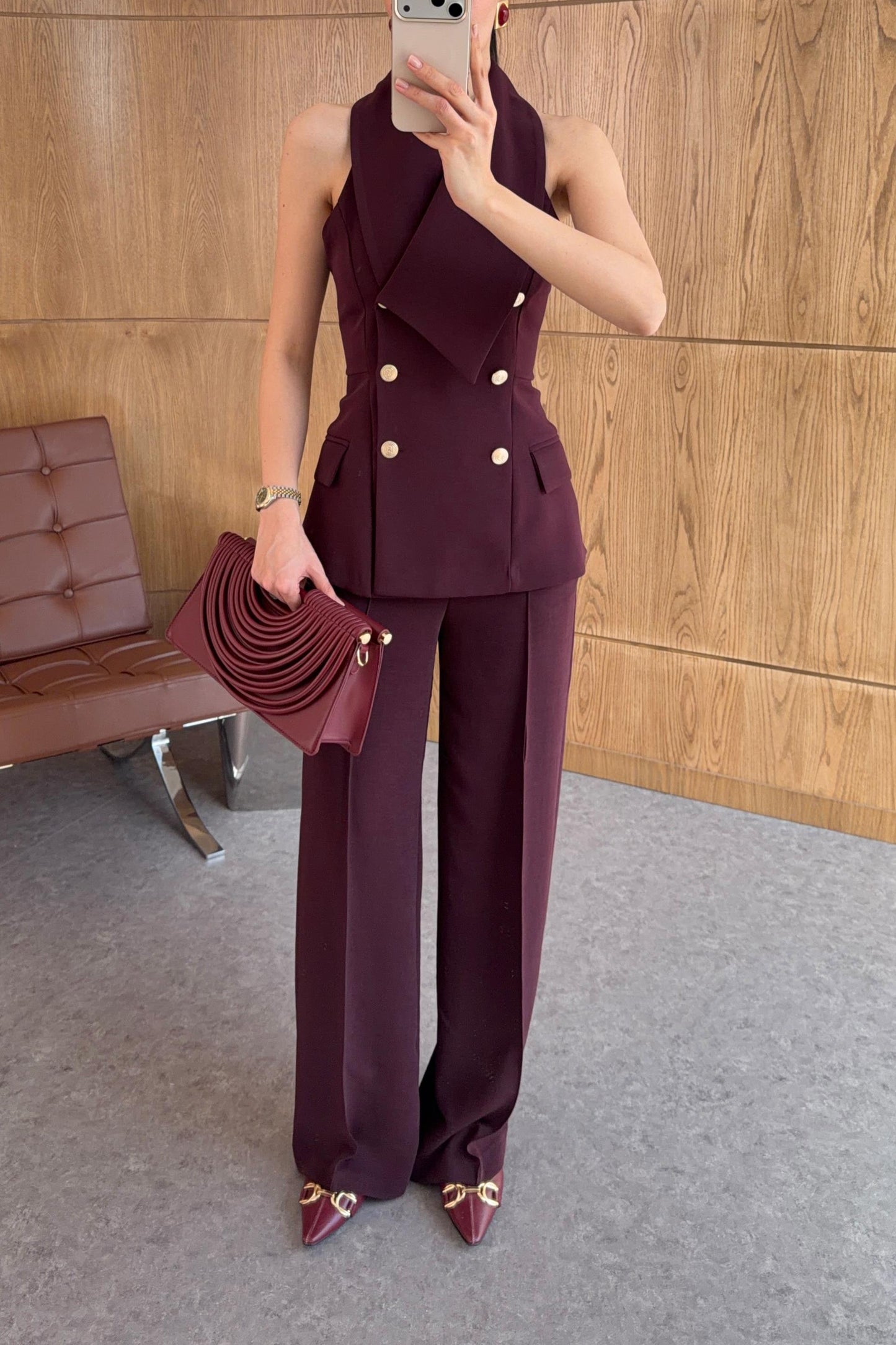 Plum Asymmetric Collar Gold Buttoned Vest and Trousers Set
