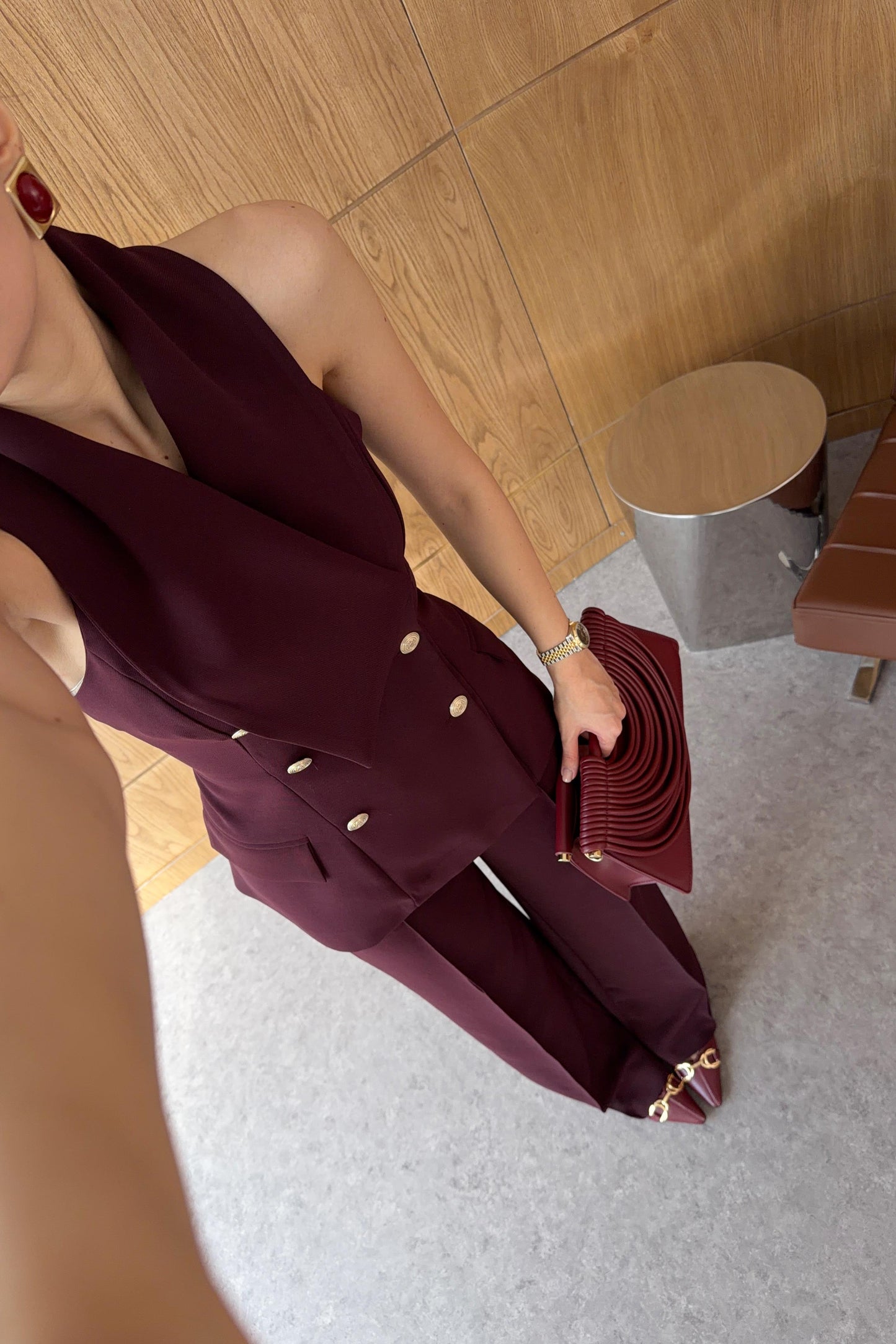 Plum Asymmetric Collar Gold Buttoned Vest and Trousers Set