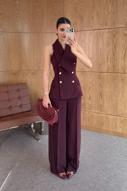 Plum Asymmetric Collar Gold Buttoned Vest and Trousers Set