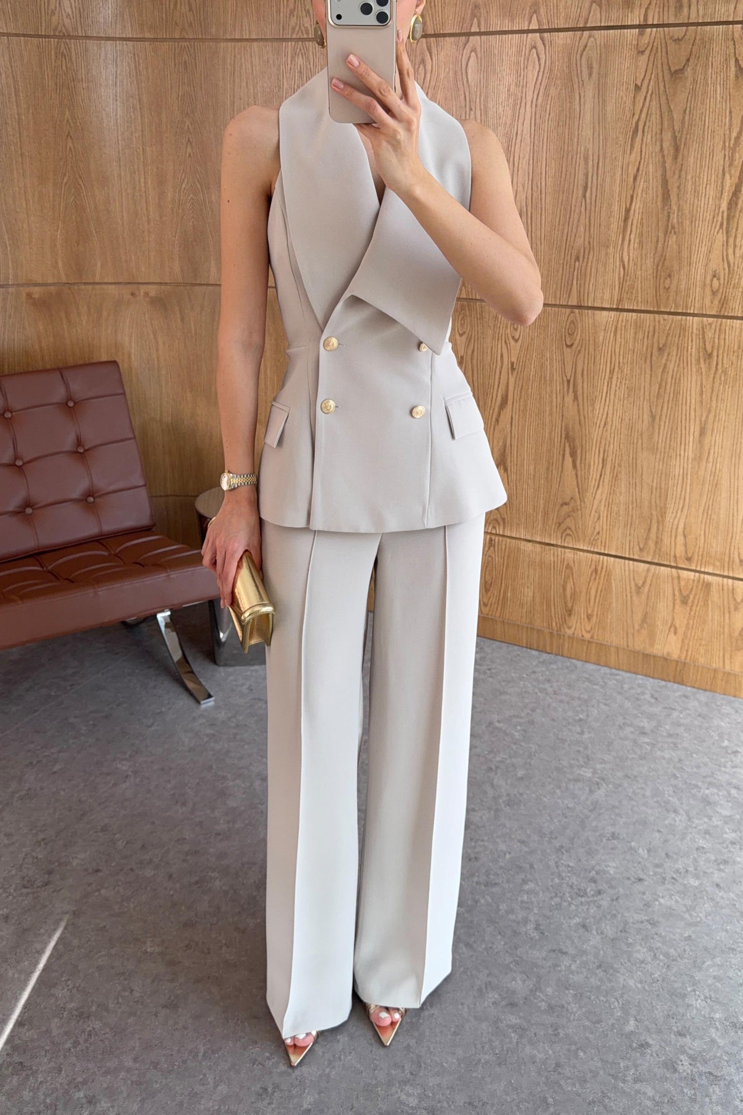 Plum Asymmetric Collar Gold Buttoned Vest and Trousers Set