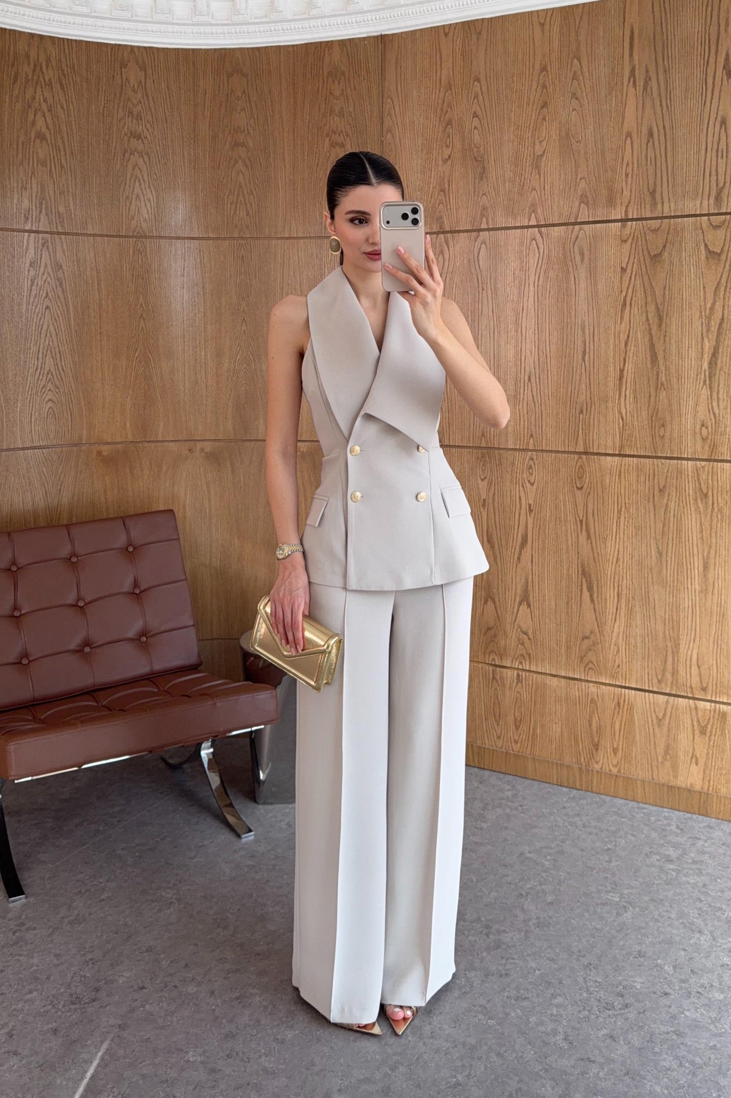 Plum Asymmetric Collar Gold Buttoned Vest and Trousers Set