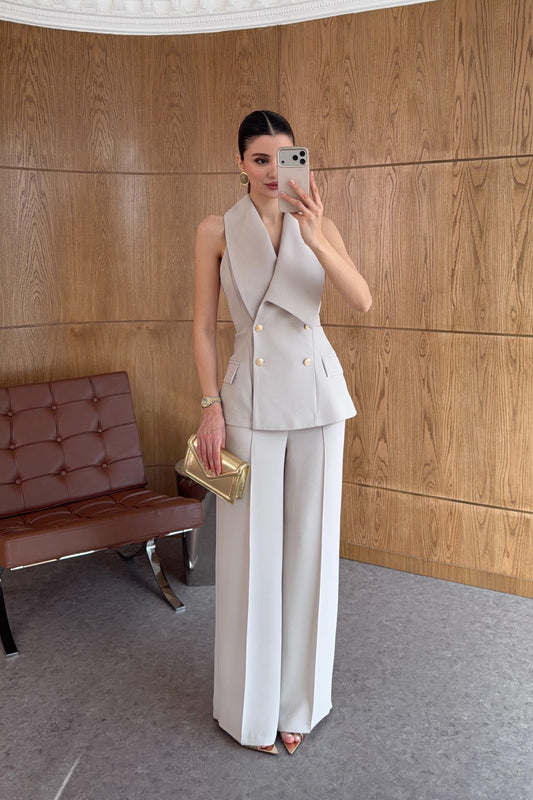 Plum Asymmetric Collar Gold Buttoned Vest and Trousers Set