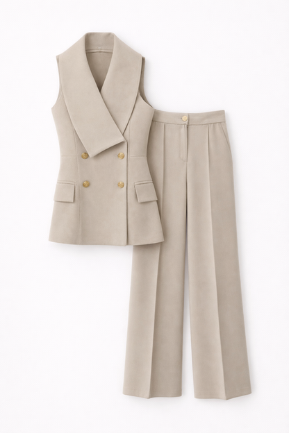 Plum Asymmetric Collar Gold Buttoned Vest and Trousers Set