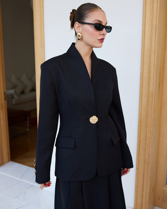 Chinese collar blazer with gold button