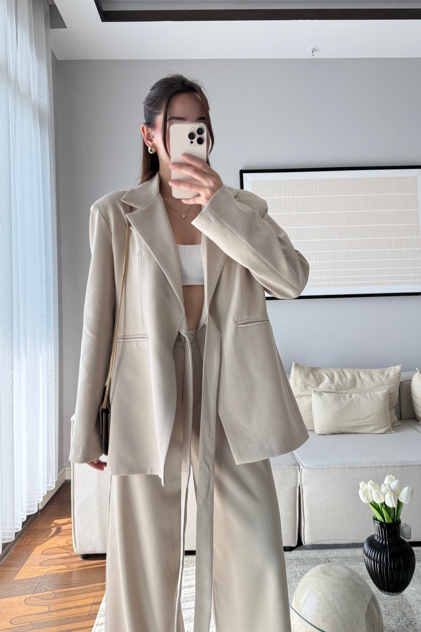 Beige Elegance lace-up Wrap jacket with straight-leg trouser suit