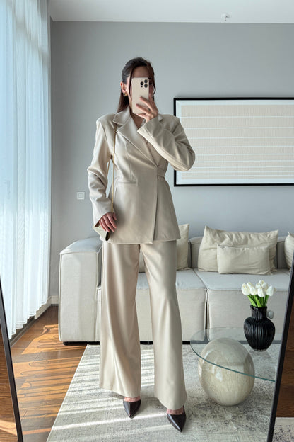 Beige Elegance lace-up Wrap jacket with straight-leg trouser suit