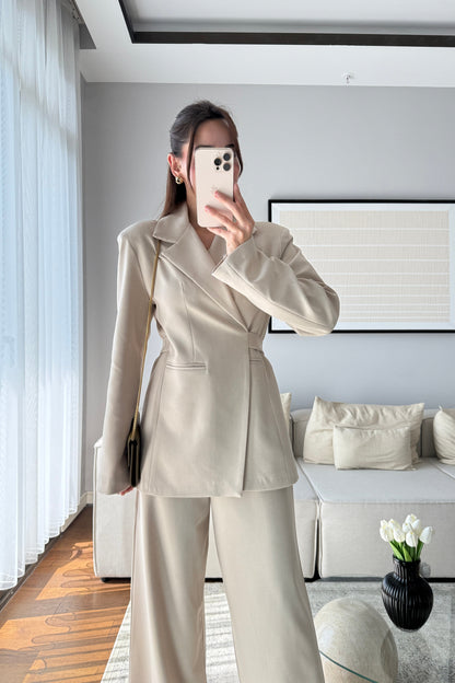 Beige Elegance lace-up Wrap jacket with straight-leg trouser suit