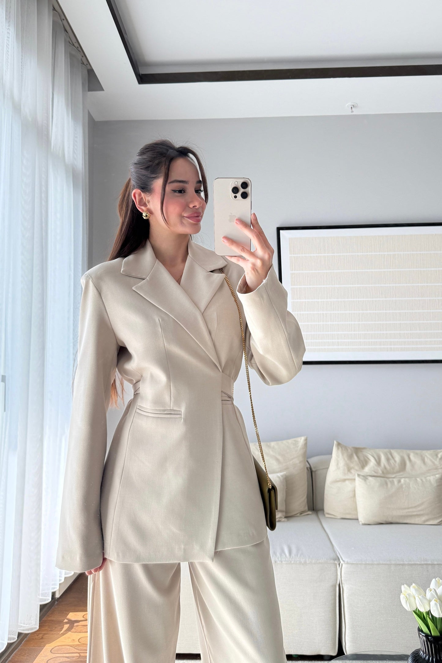 Beige Elegance lace-up Wrap jacket with straight-leg trouser suit