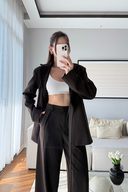 Brown Elegance lace-up Wrap jacket with straight-leg trouser suit