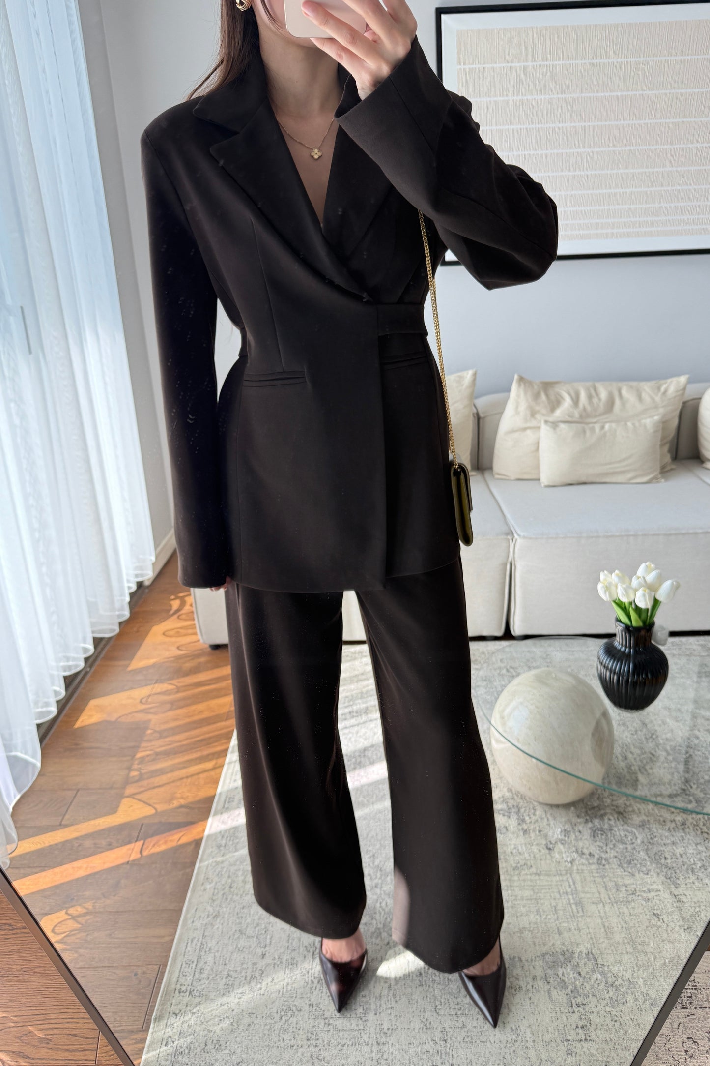 Brown Elegance lace-up Wrap jacket with straight-leg trouser suit