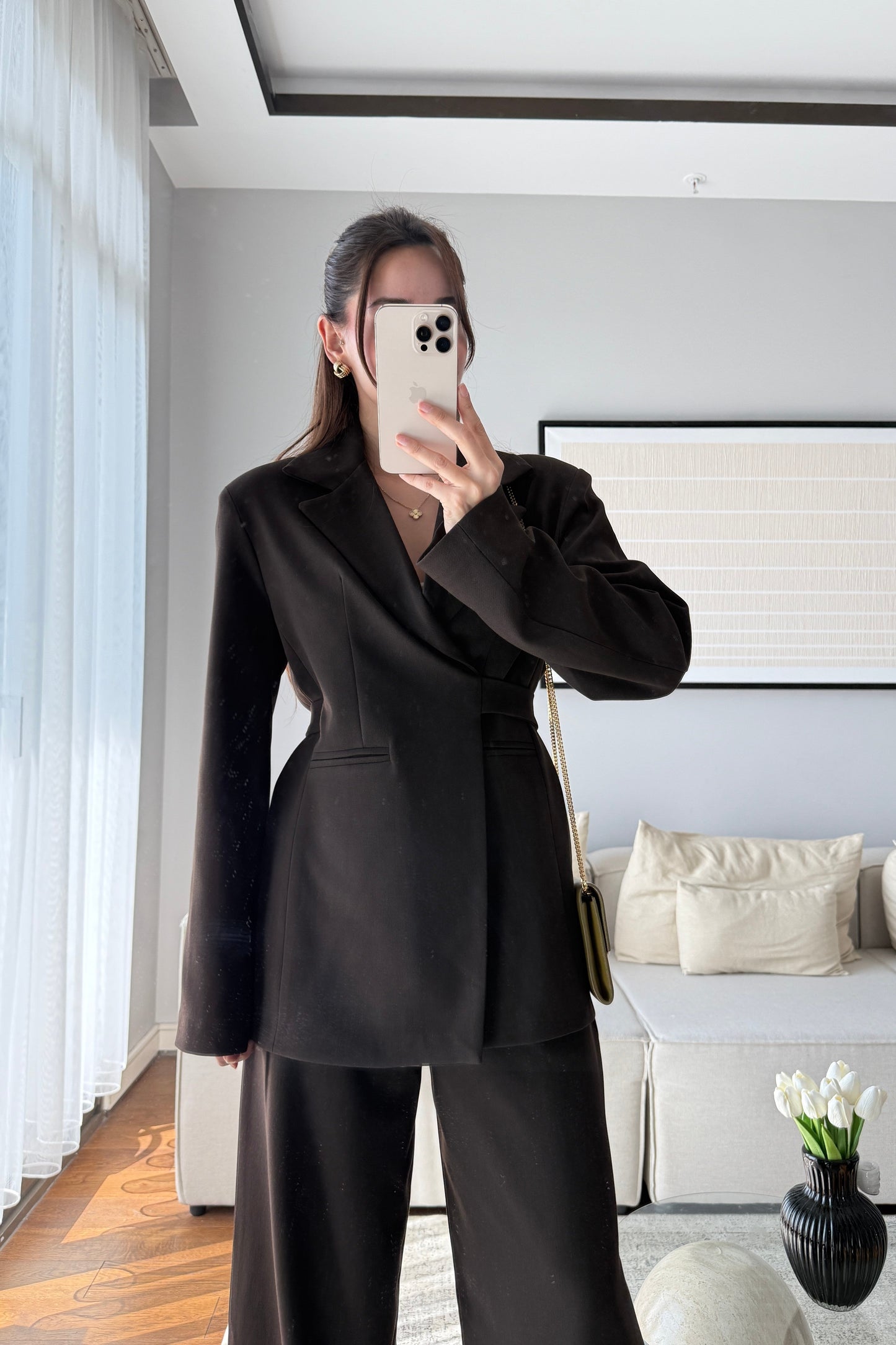 Brown Elegance lace-up Wrap jacket with straight-leg trouser suit