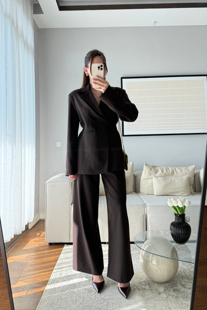Brown Elegance lace-up Wrap jacket with straight-leg trouser suit